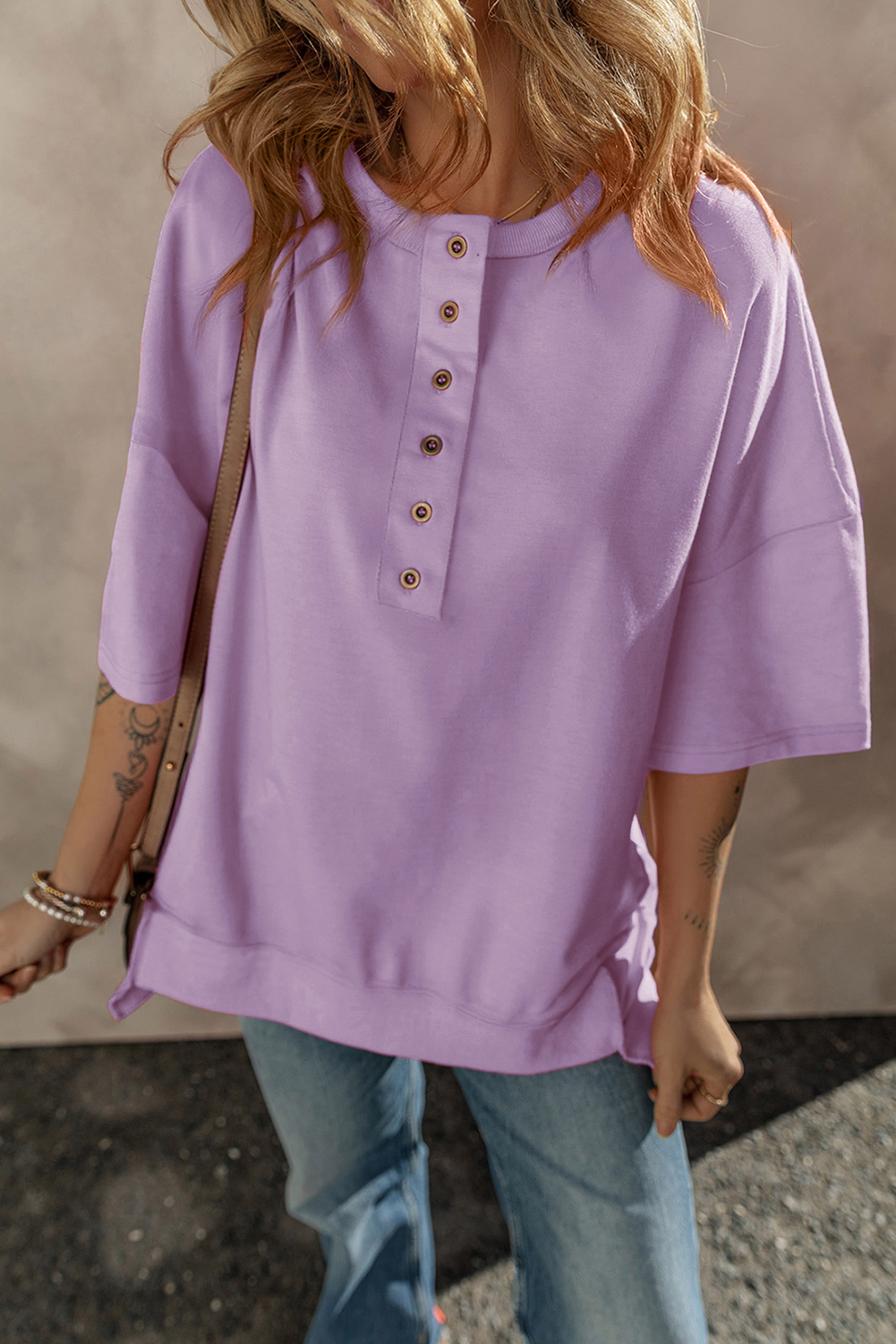 Jungle Green Exposed Seam Button Neck Wide Sleeve Tunic Top - loveforevers