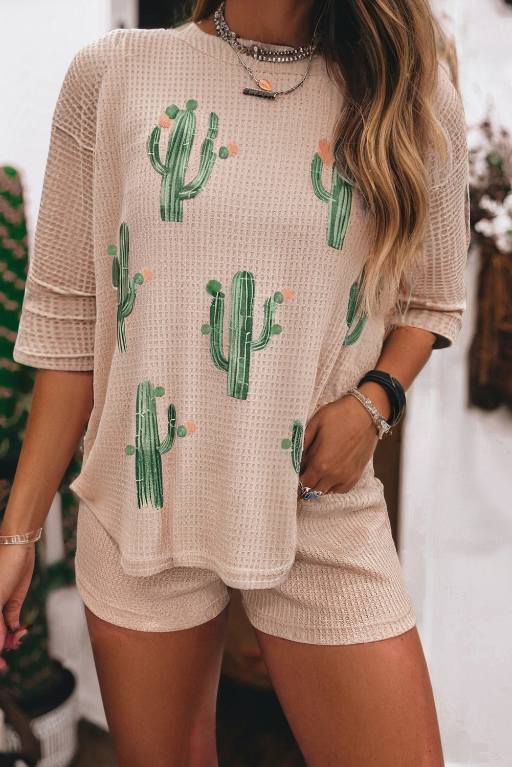 Light French Beige Cactus Forest Waffle Half Sleeve Tee Short Set - loveforevers