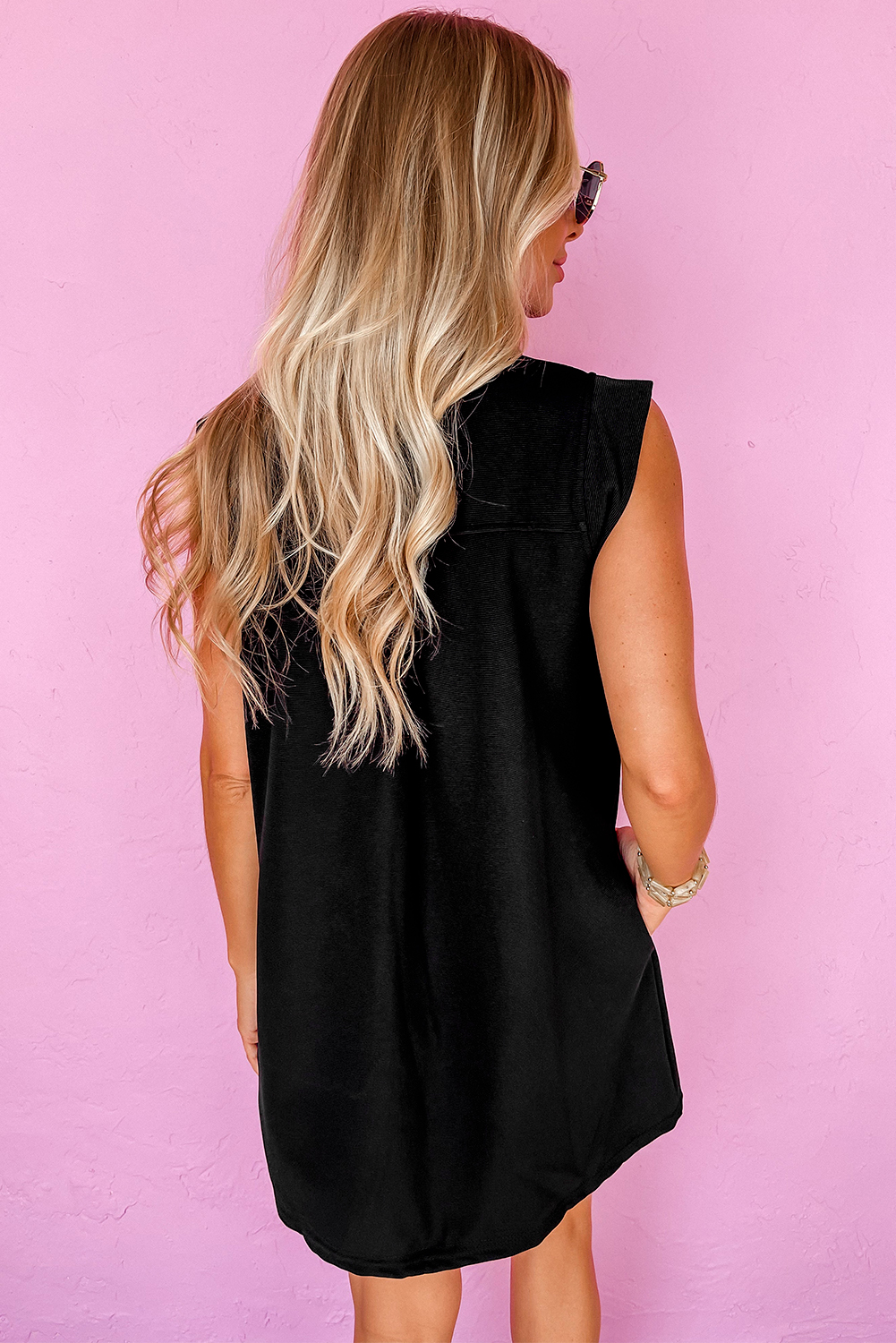 Black Sequin Bunny Doll Graphic Collared Sleeveless Mini Dress - loveforevers