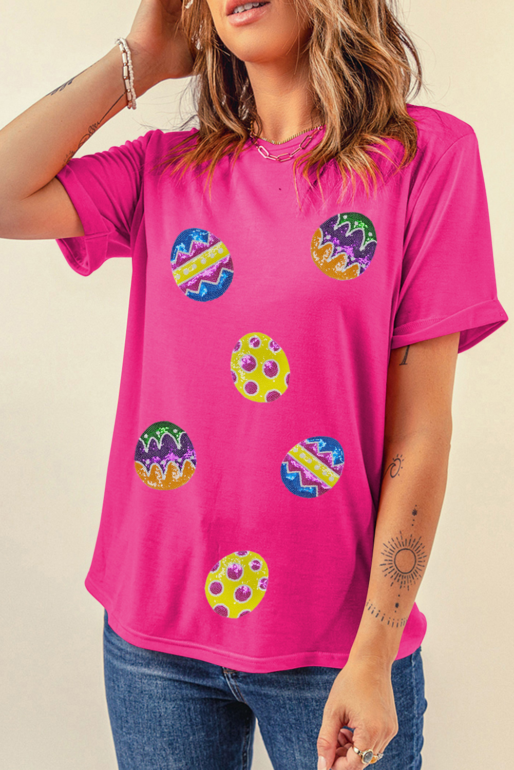 Rose Red Easter Eggs Patched Crew Neck Graphic Tee - loveforevers