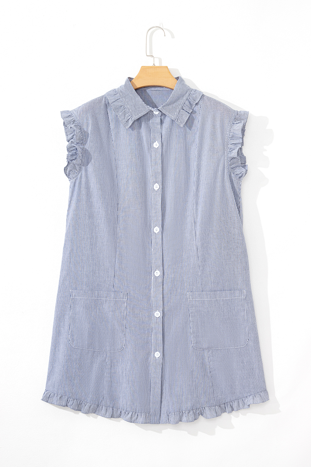 Green Stripe Frilled Sleeveless Collar Front Pocket Button Up Mini Dress - loveforevers