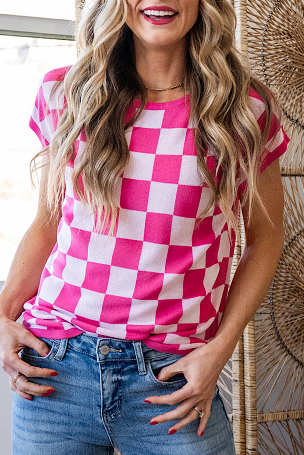 Rose Check Pattern Cap Sleeve Knitted Sweater - loveforevers