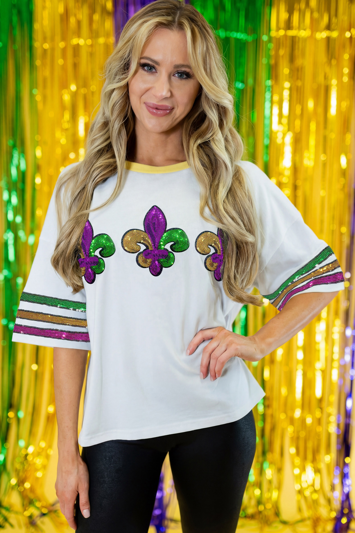 White Sequin Fleur de Lis Mardi Gras Varsity T Shirt - loveforevers
