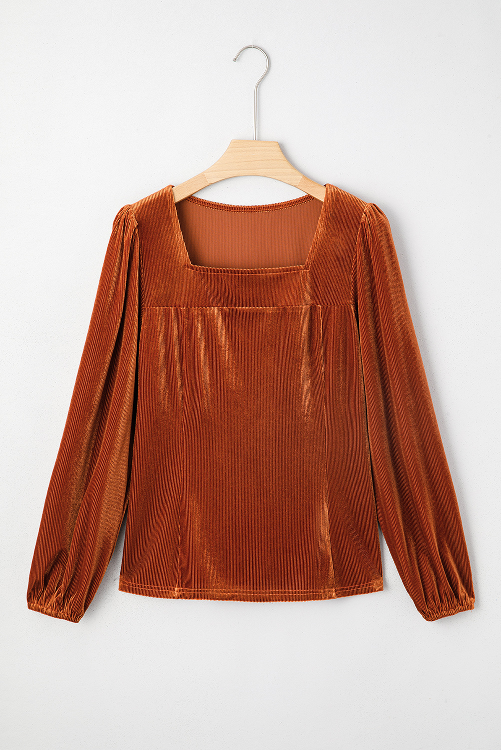 Clay Velvet Ribbed Texture Square Neck Slim Puff Sleeve Top - loveforevers