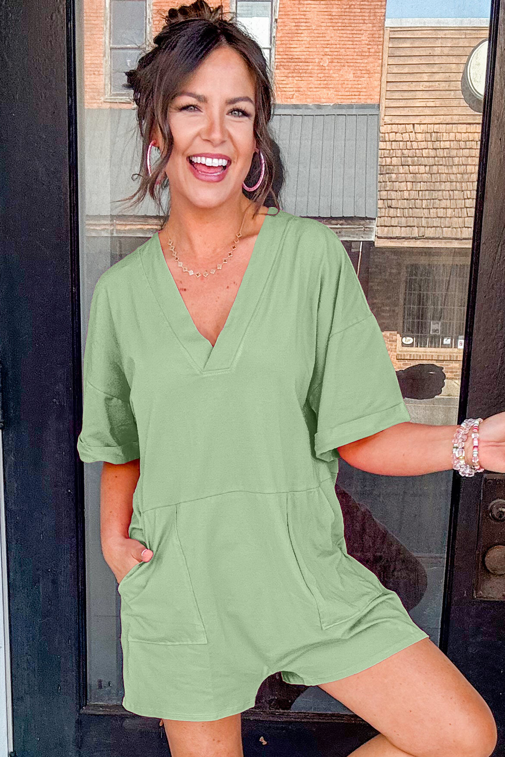 Bonbon Loose Half Sleeve V Neck Knit Romper - loveforevers