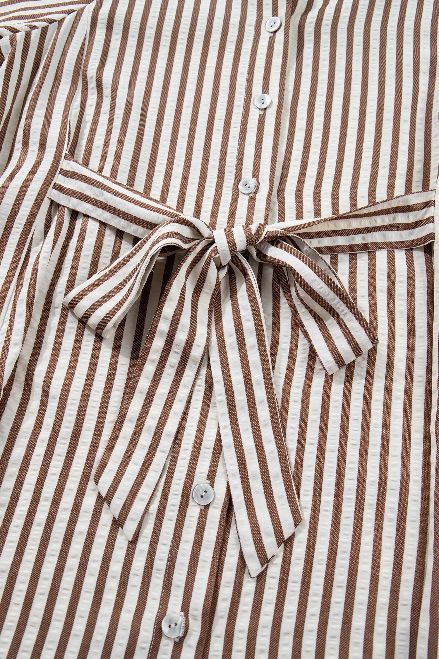 Brown Stripe Knot Waist Puff Sleeve Button Down Mini Shirt Dress - loveforevers