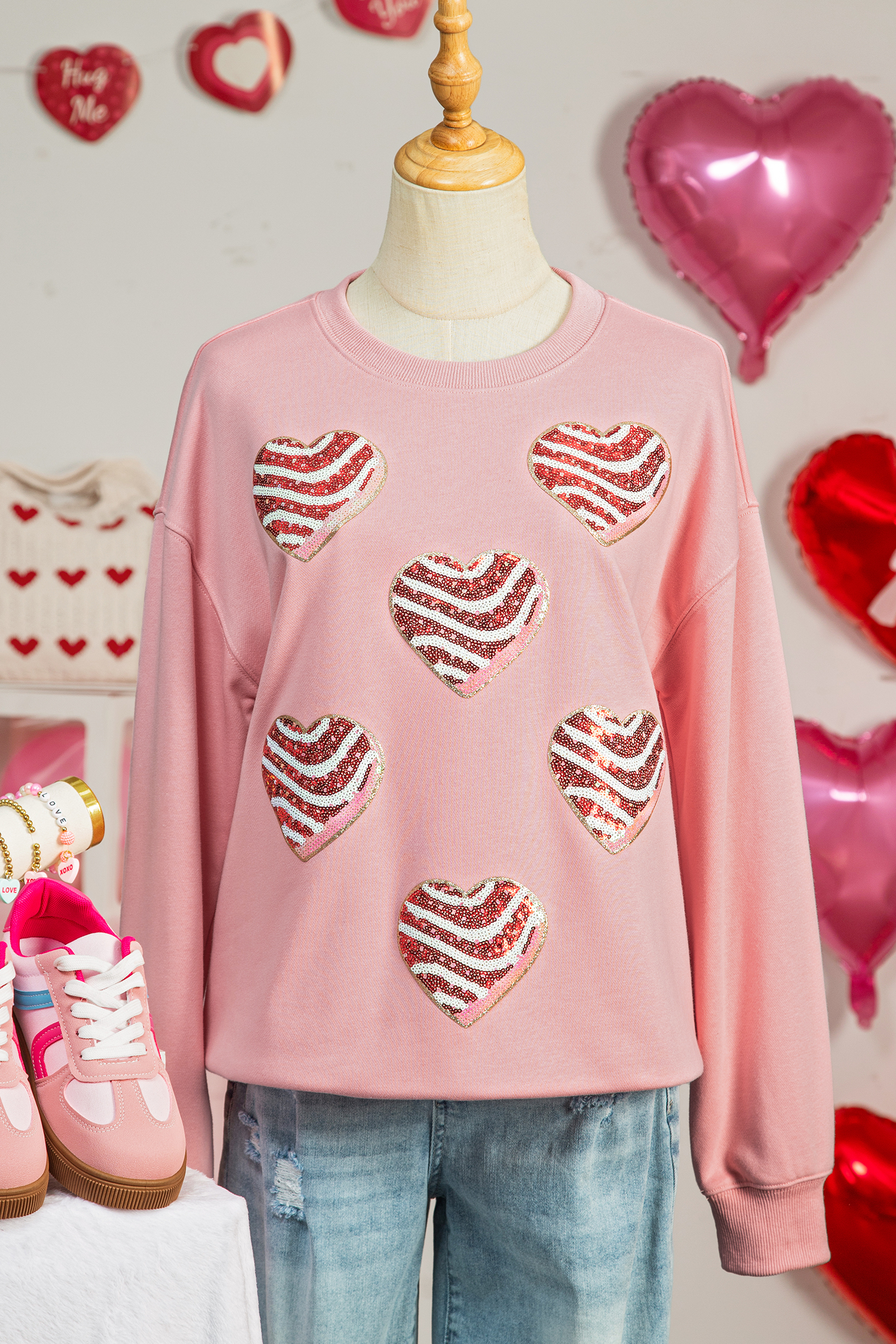Pink Sequined Valentine Heart Print Round Neck Sweatshirt - loveforevers