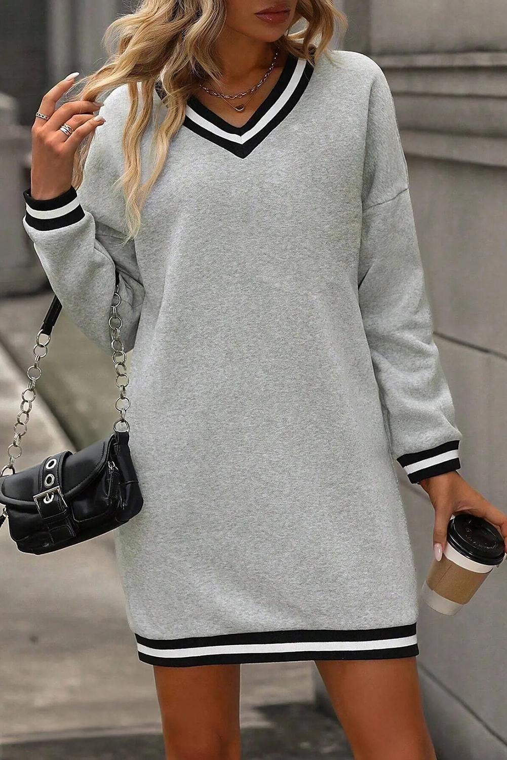 Light Grey Striped Trim V Neck Long Sleeve Preppy T Shirt Dress - loveforevers