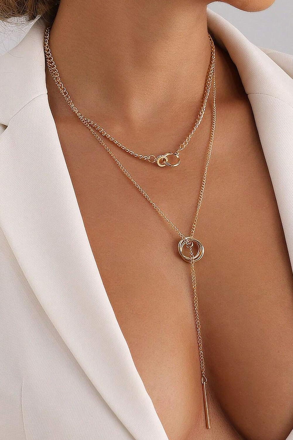 Gold Plated Double Layer O-Ring Long Stick Pendant Chain Necklace - loveforevers