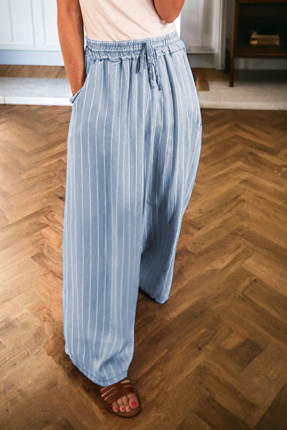 Blue Stripe Chambray Wide Leg Tied Elastic Waist Trousers - loveforevers