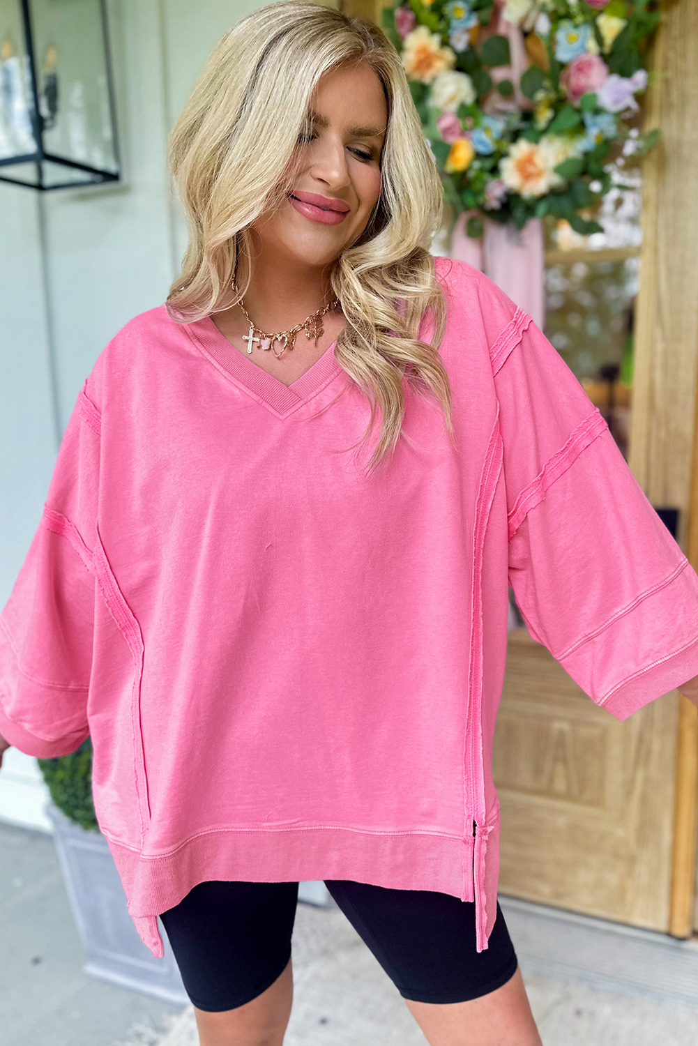Bonbon Bracelet Sleeve Mineral Washed V Neck T Shirt - loveforevers