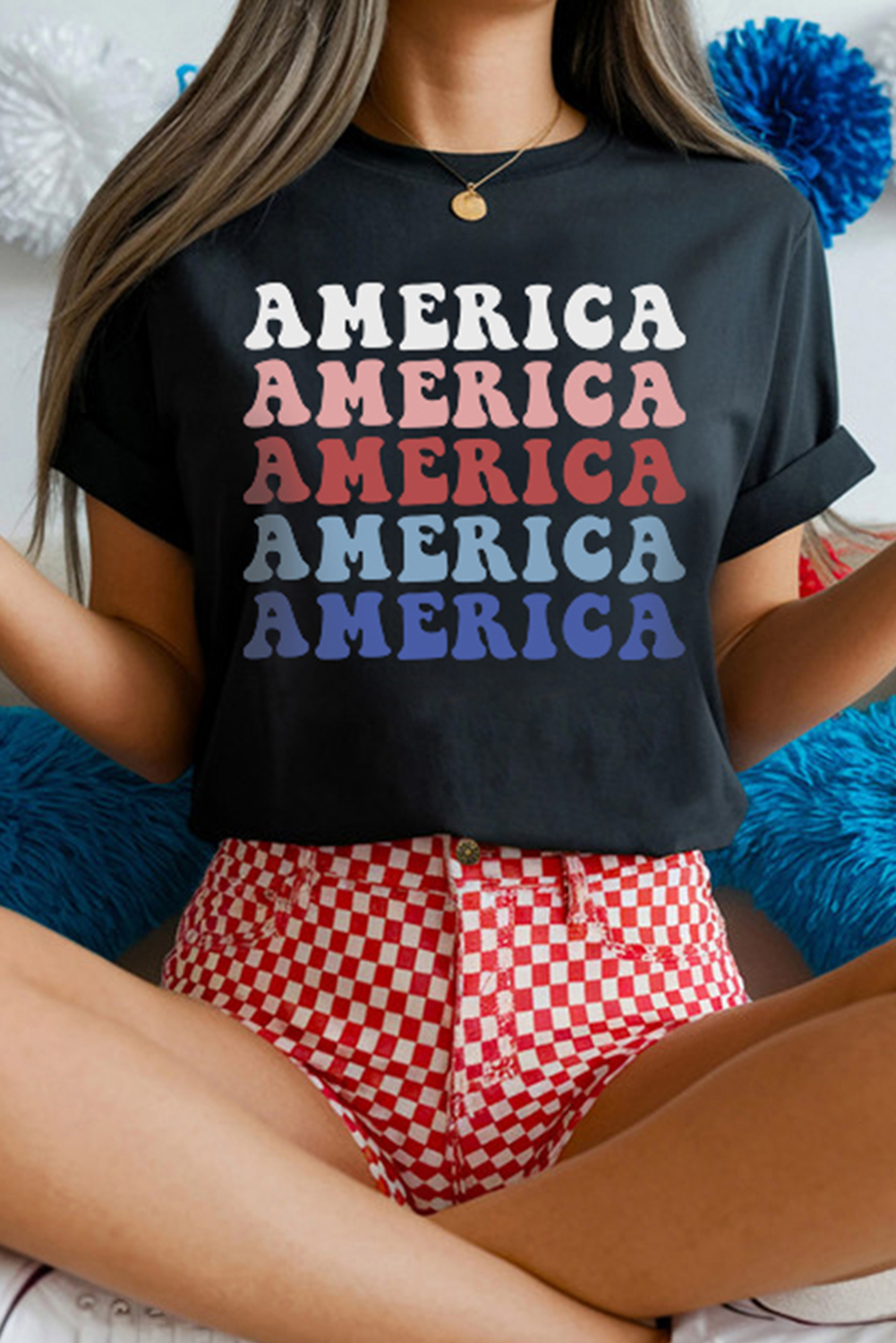 Black Colorful AMERICA Print Crewneck Patriotic T Shirt - loveforevers