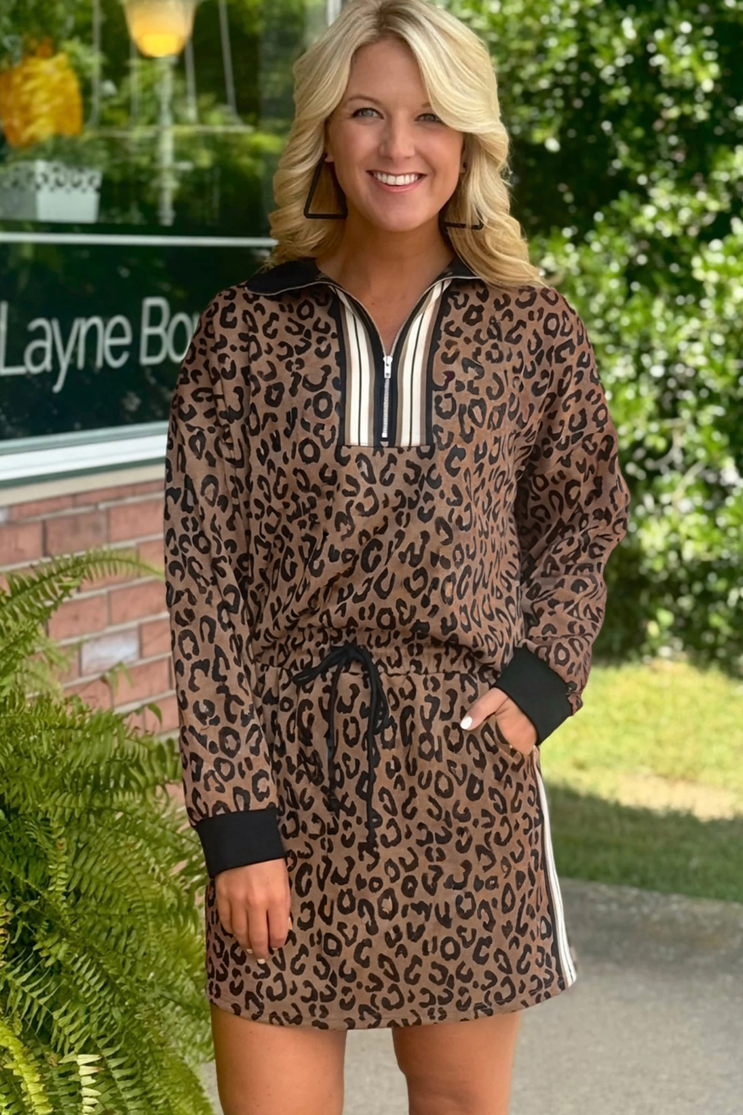 Khaki Leopard Print Quarter Zip Long Sleeve Top Mini Skirt Set - loveforevers