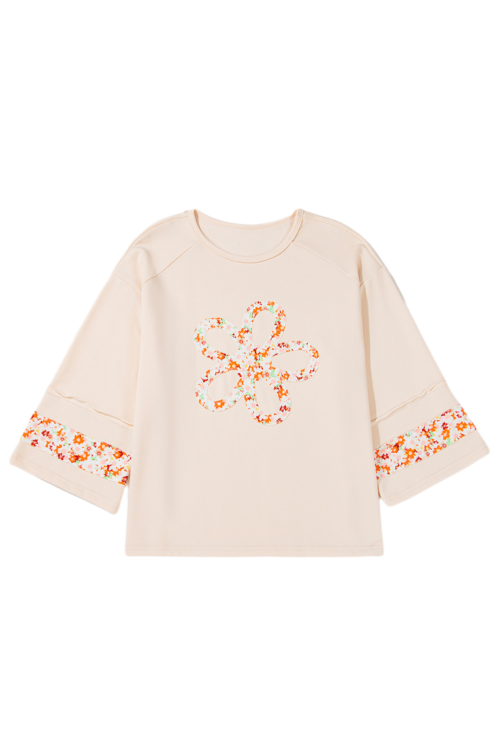 Beige Flower Patch Graphic Exposed Seam Wide Sleeve Top - loveforevers