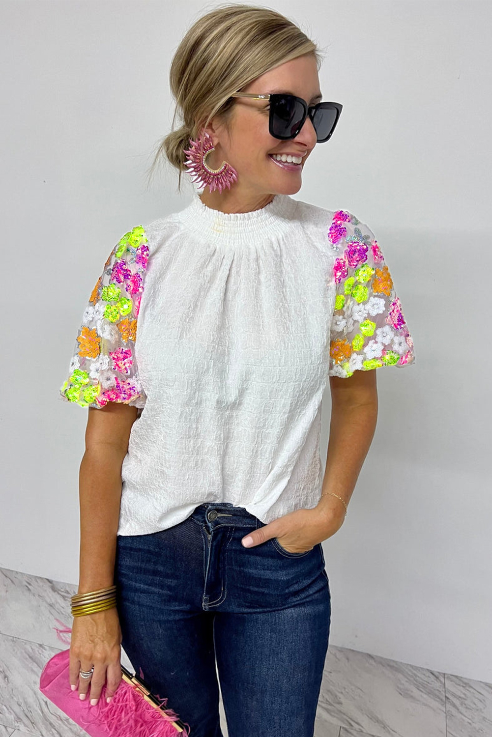 White Smocked Collar Sequin Flower Puff Sleeve Textured Top - loveforevers