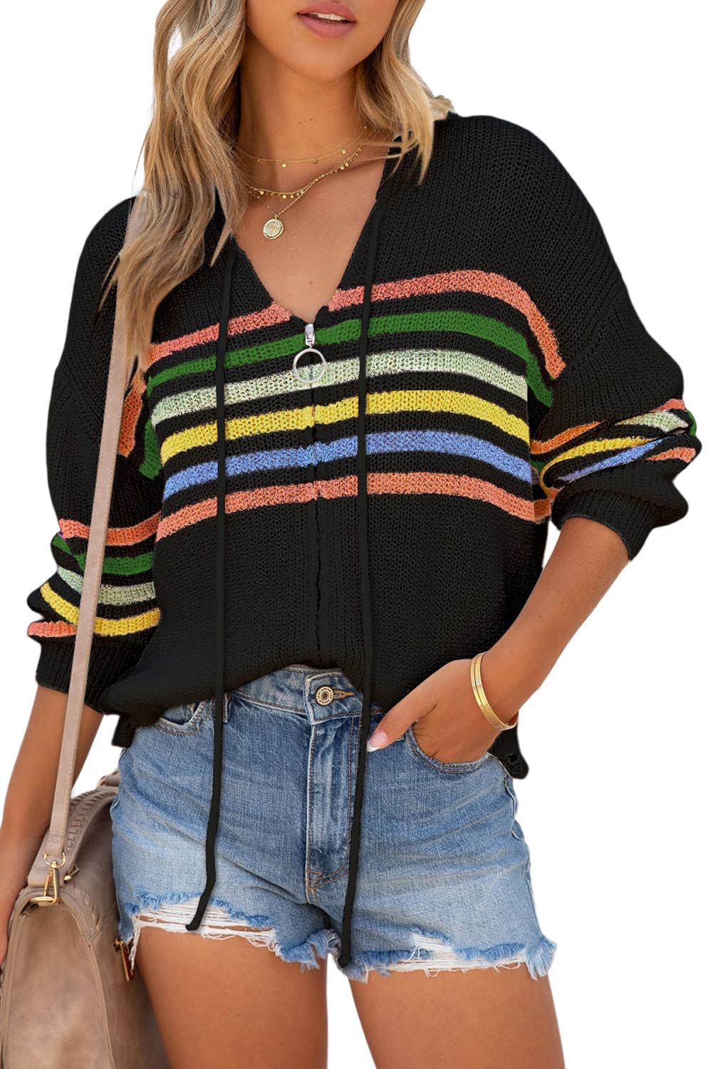 Black Striped Detail Zip Up Hooded Sweater Cardigan - loveforevers