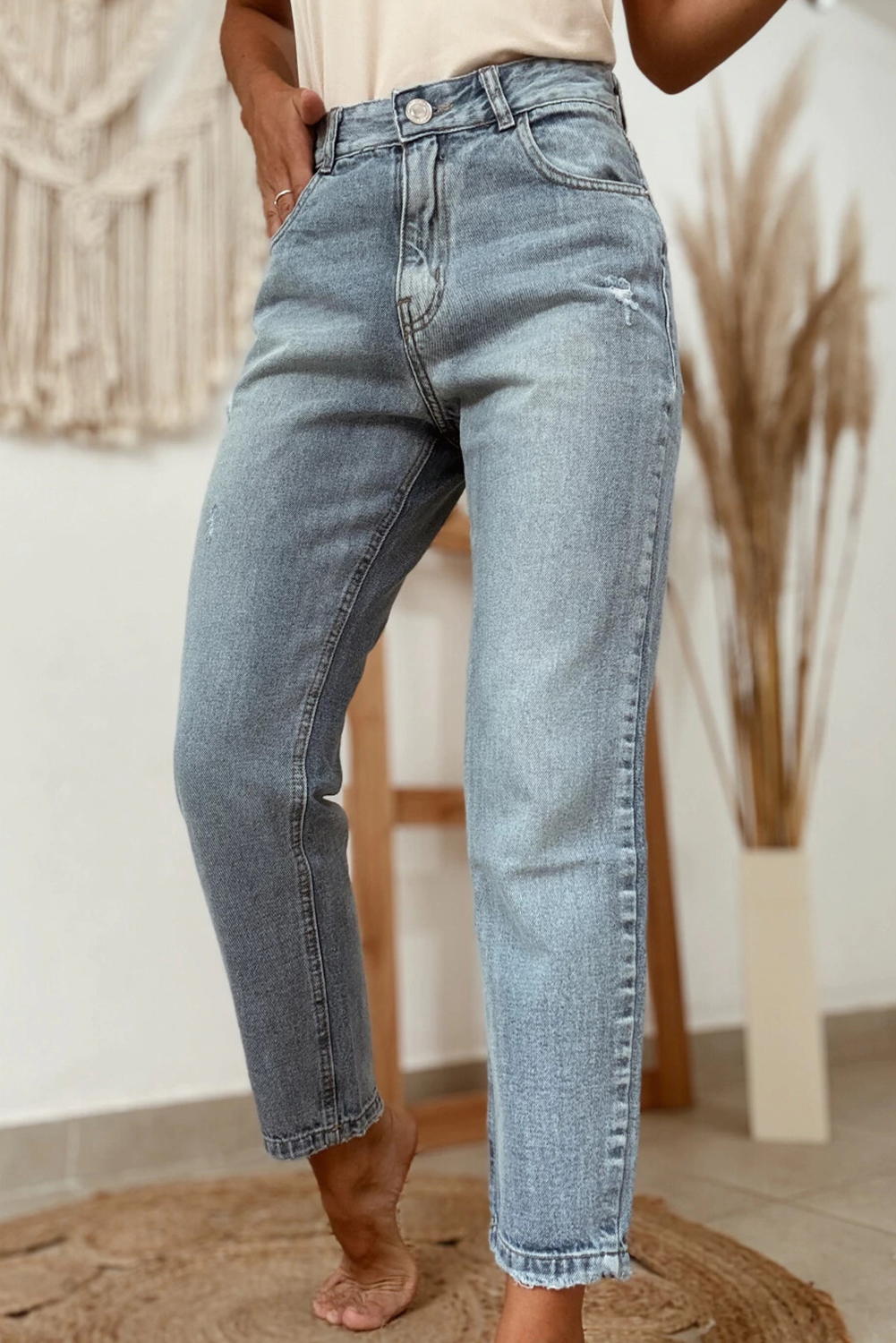 Beau Blue Slightly Distressed Ankle-length Straight Jeans - loveforevers