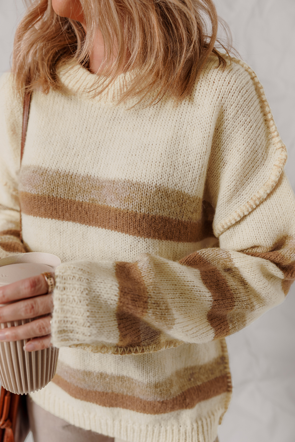 Khaki Stripe Exposed Seam Drop Shoulder Knit Baggy Sweater - loveforevers