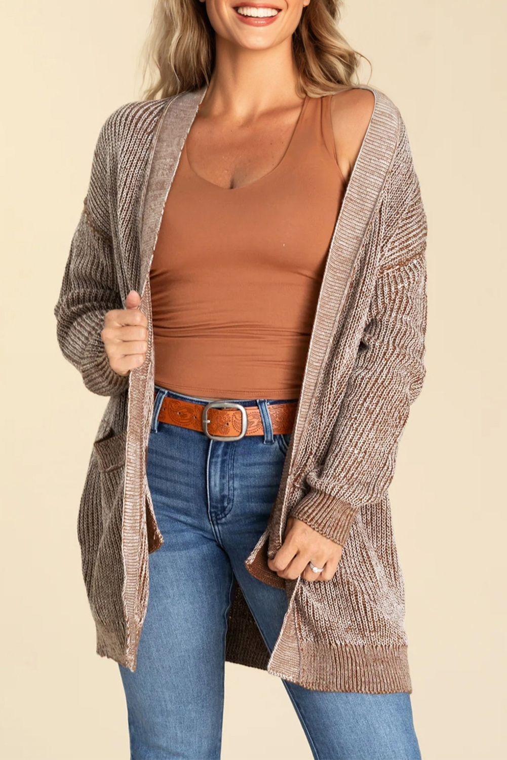 Straw Yellow Solid Open Knit Cardigan with Pockets - loveforevers