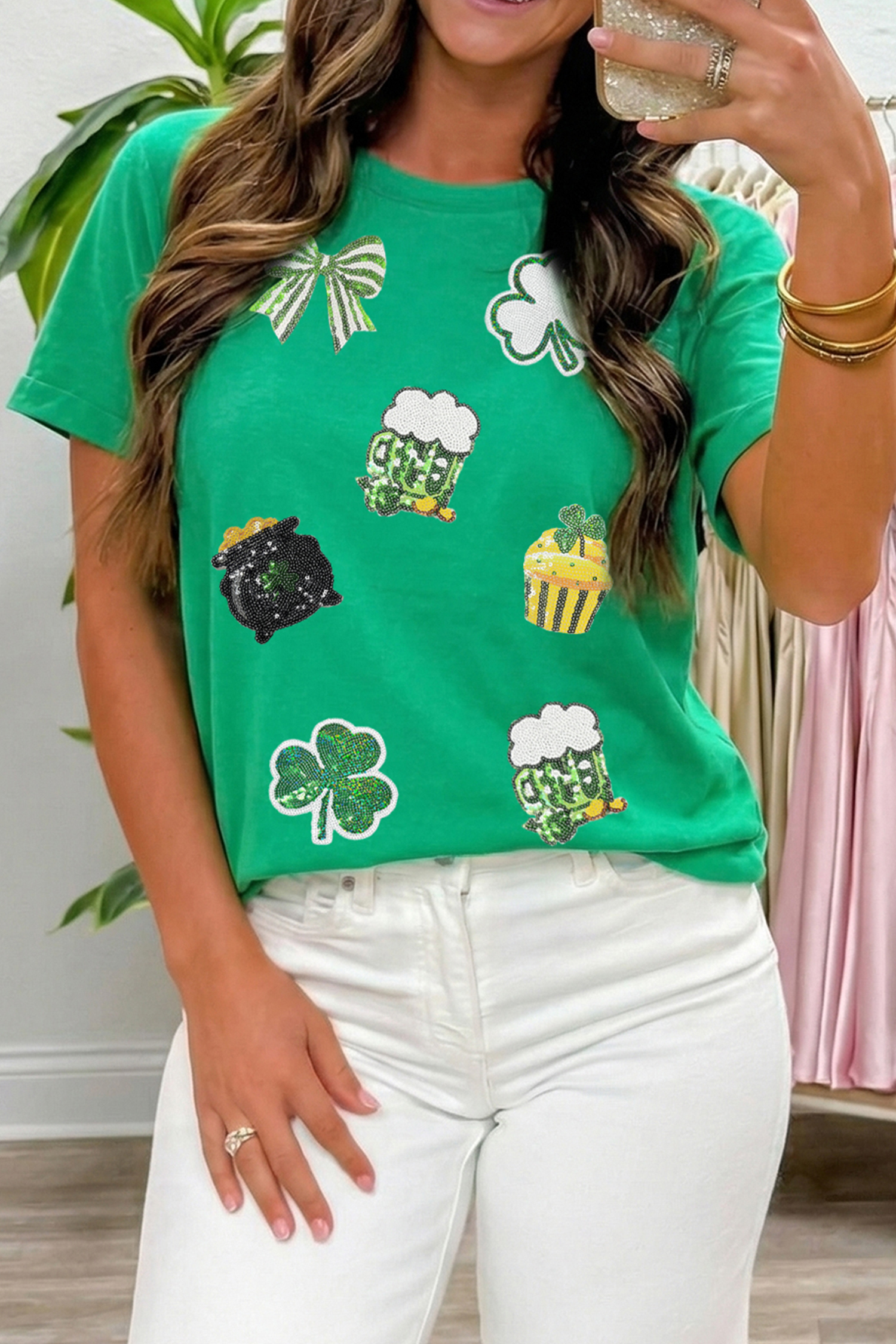 Bright Green Dainty Irish Fashion Sequin Graphic Tee - loveforevers
