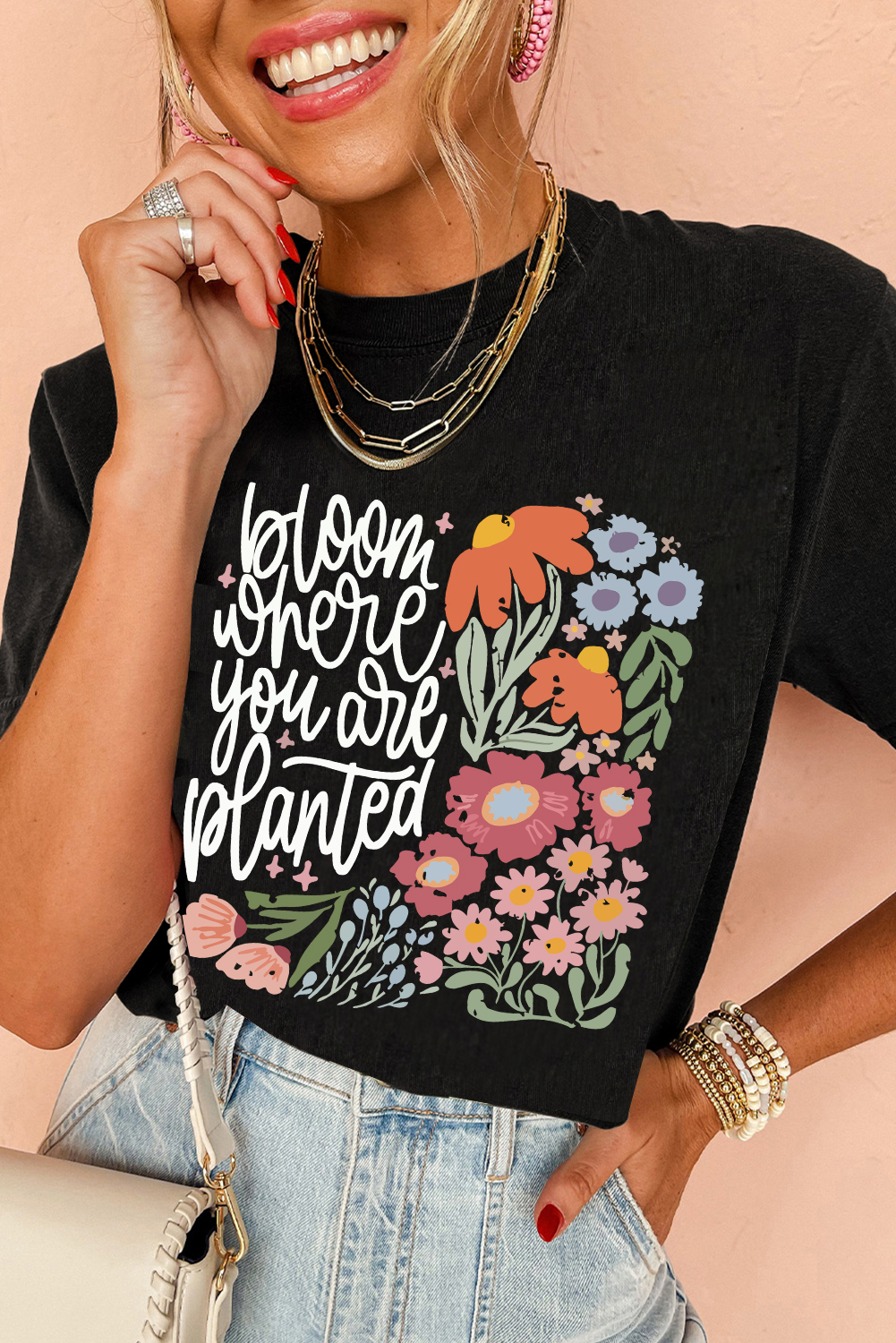 Black bloom where you are planted Floral Printed T Shirt - loveforevers