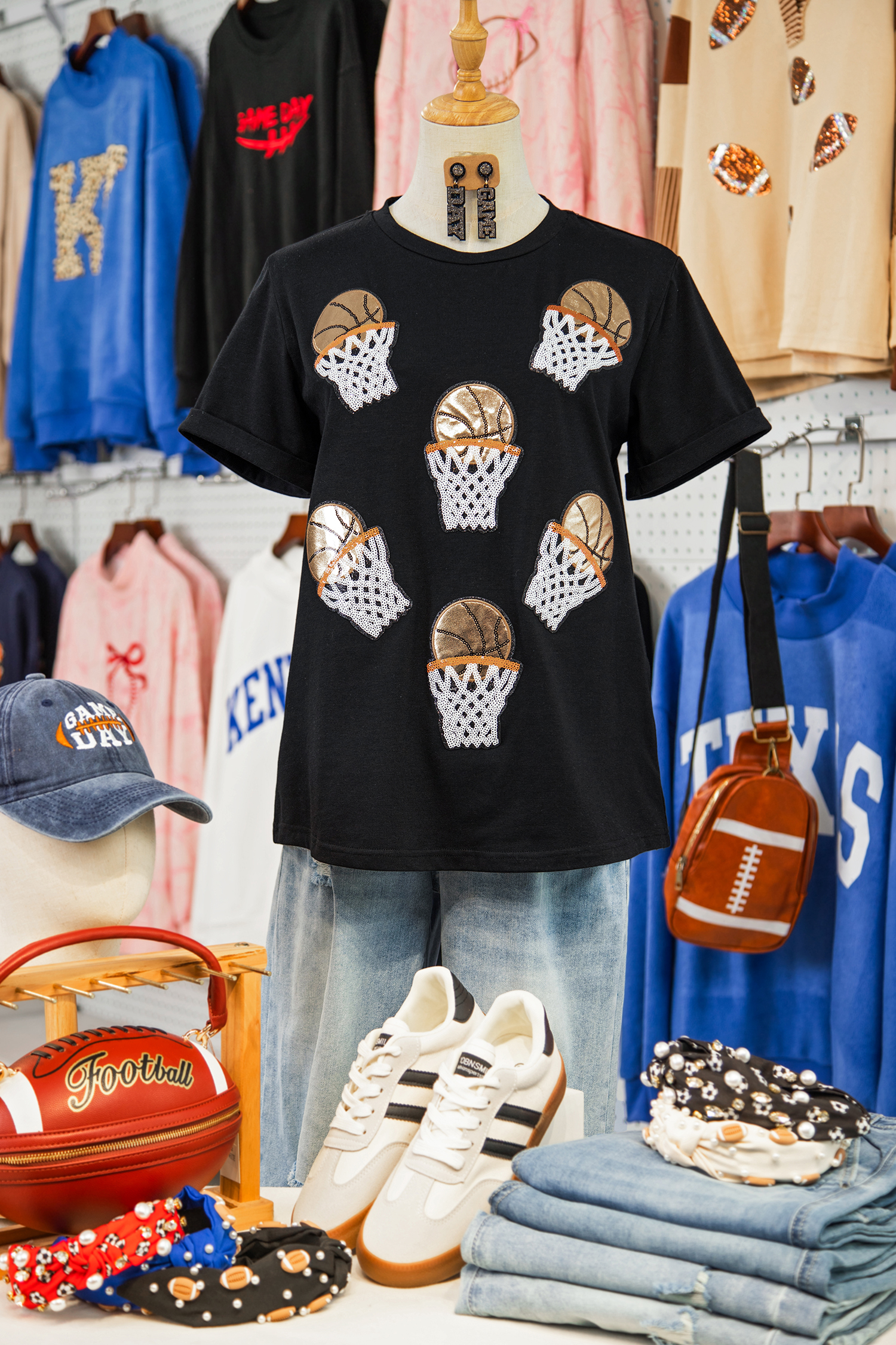 Black Sequin Basketball Patched Graphic Game Day T Shirt - loveforevers
