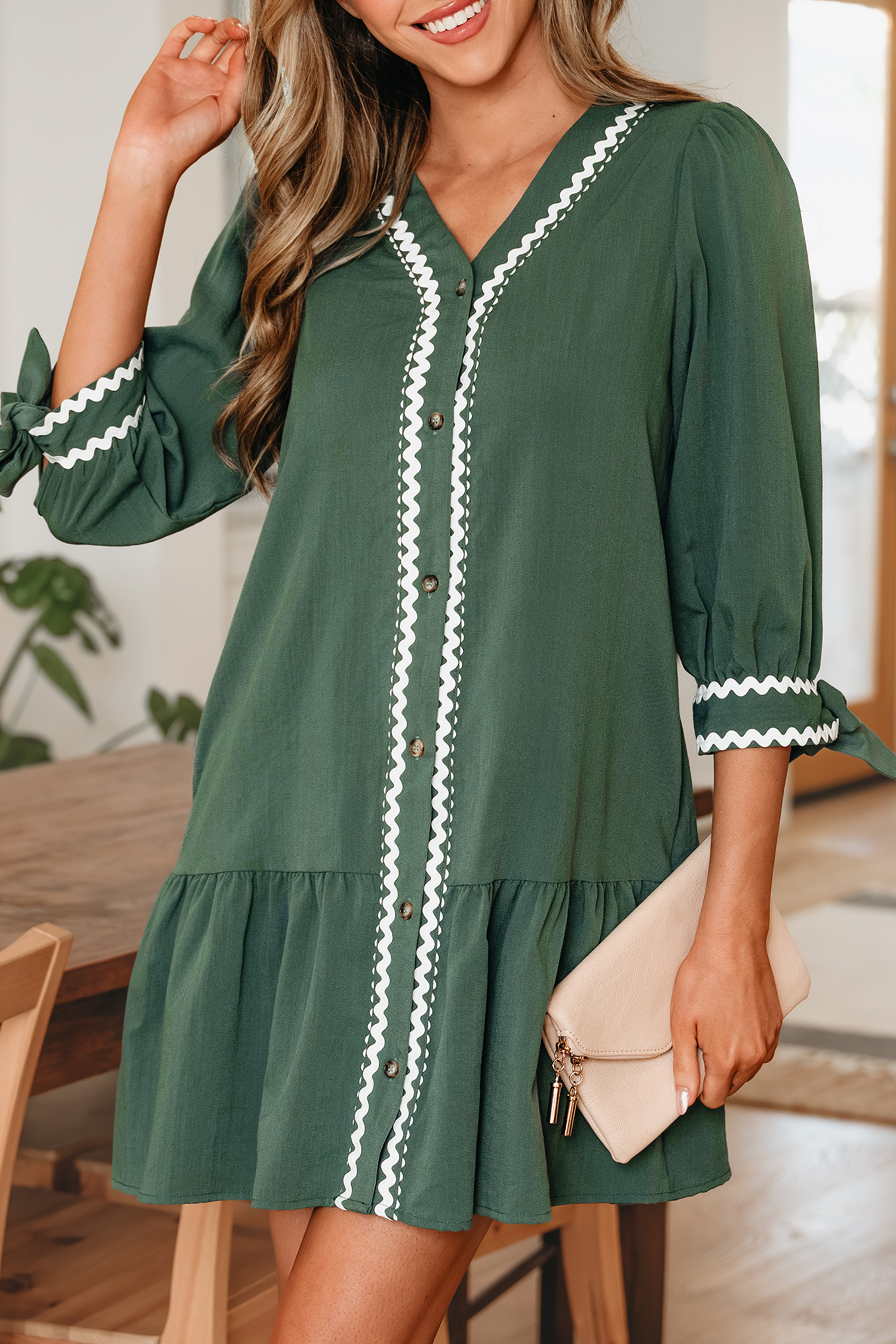 Canton Contrast Ricrac Trim Button V Neck Knotted Bracelet Sleeve Shift Dress - loveforevers