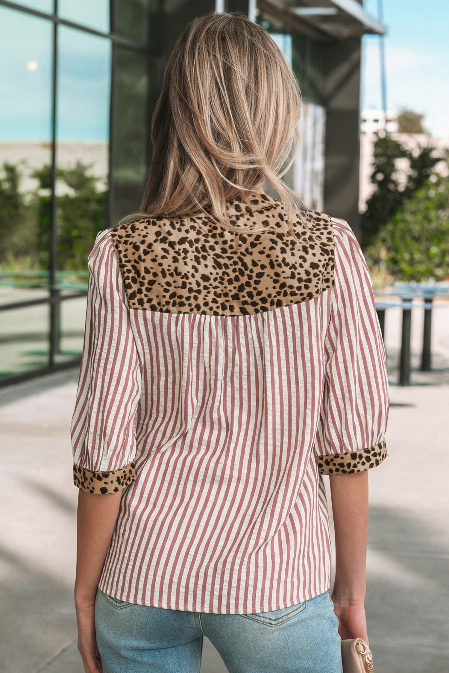 Sky Blue Stripe Leopard Trim V Neck Button Down Half Sleeve Shirt - loveforevers