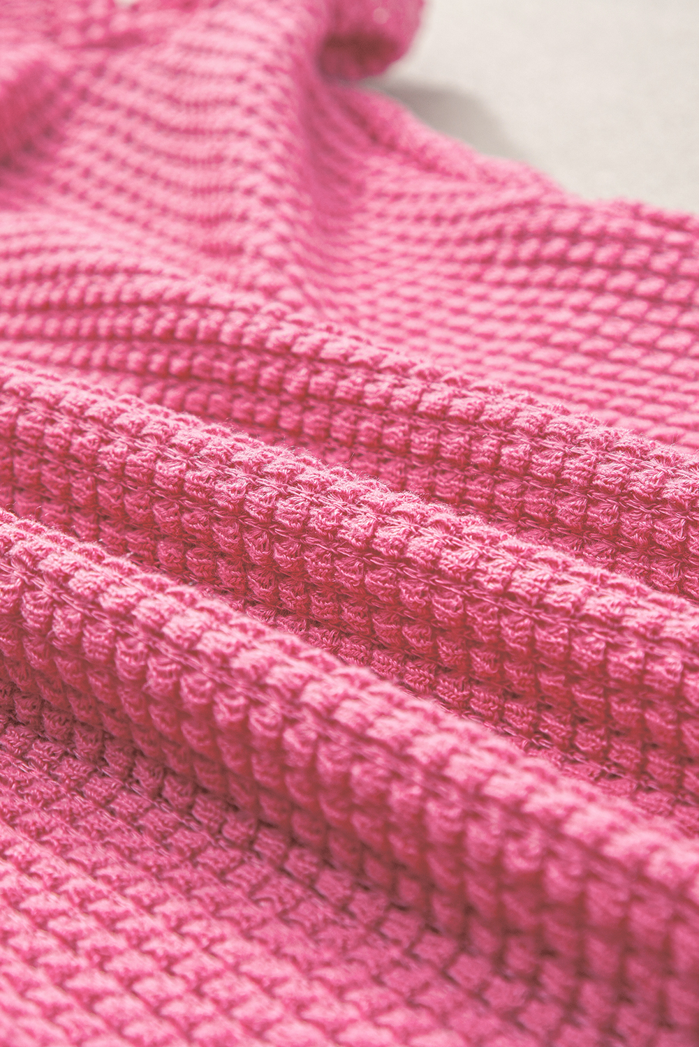 Bright Pink Waffle Knit Ruched Puff Sleeve Top - loveforevers