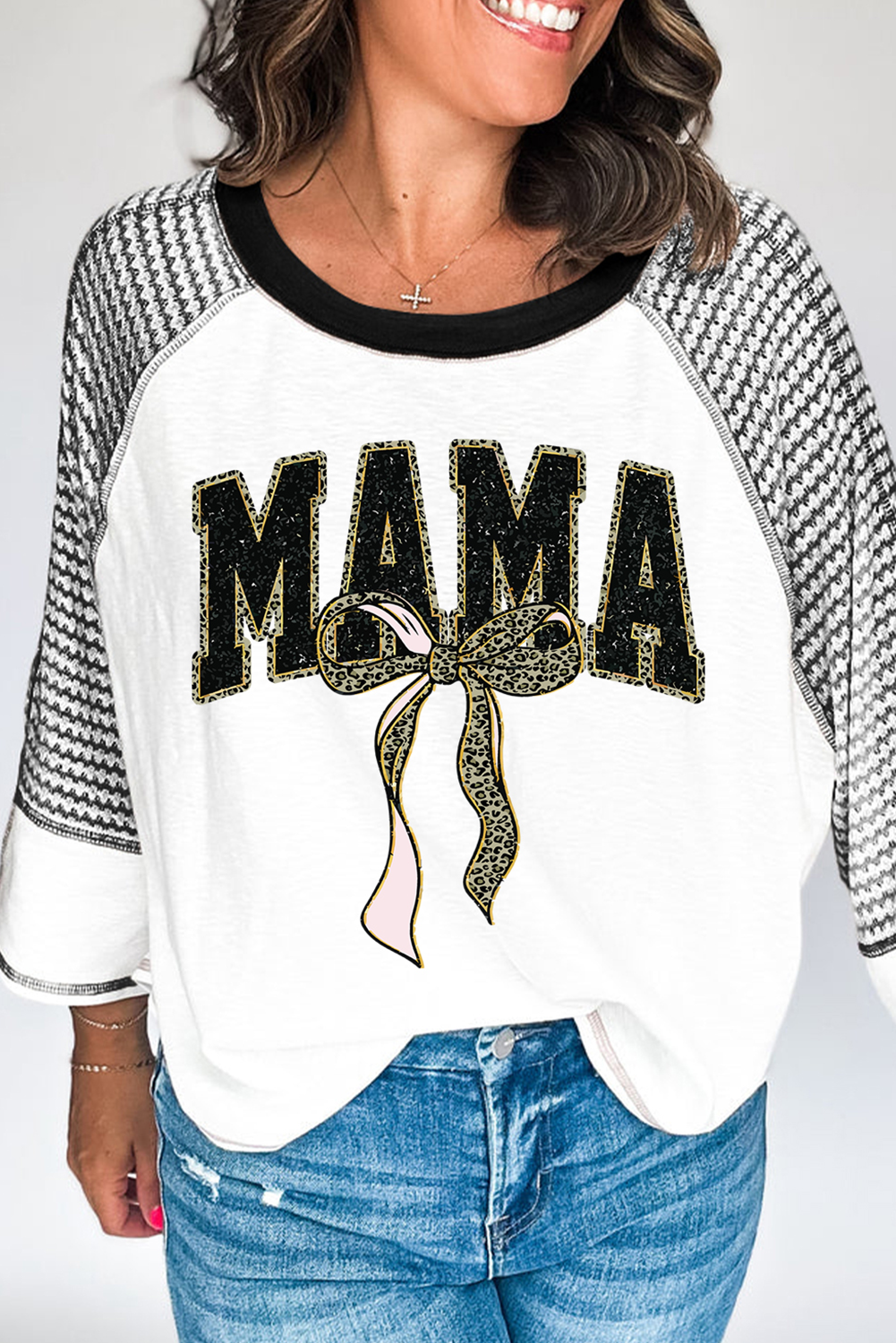 Black MAMA Leopard Bow Print Contrast Sleeves Loose Top - loveforevers
