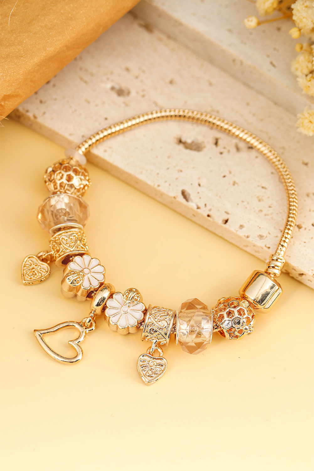Gold Flower Heart Charm Plated Alloy Bracelet - loveforevers