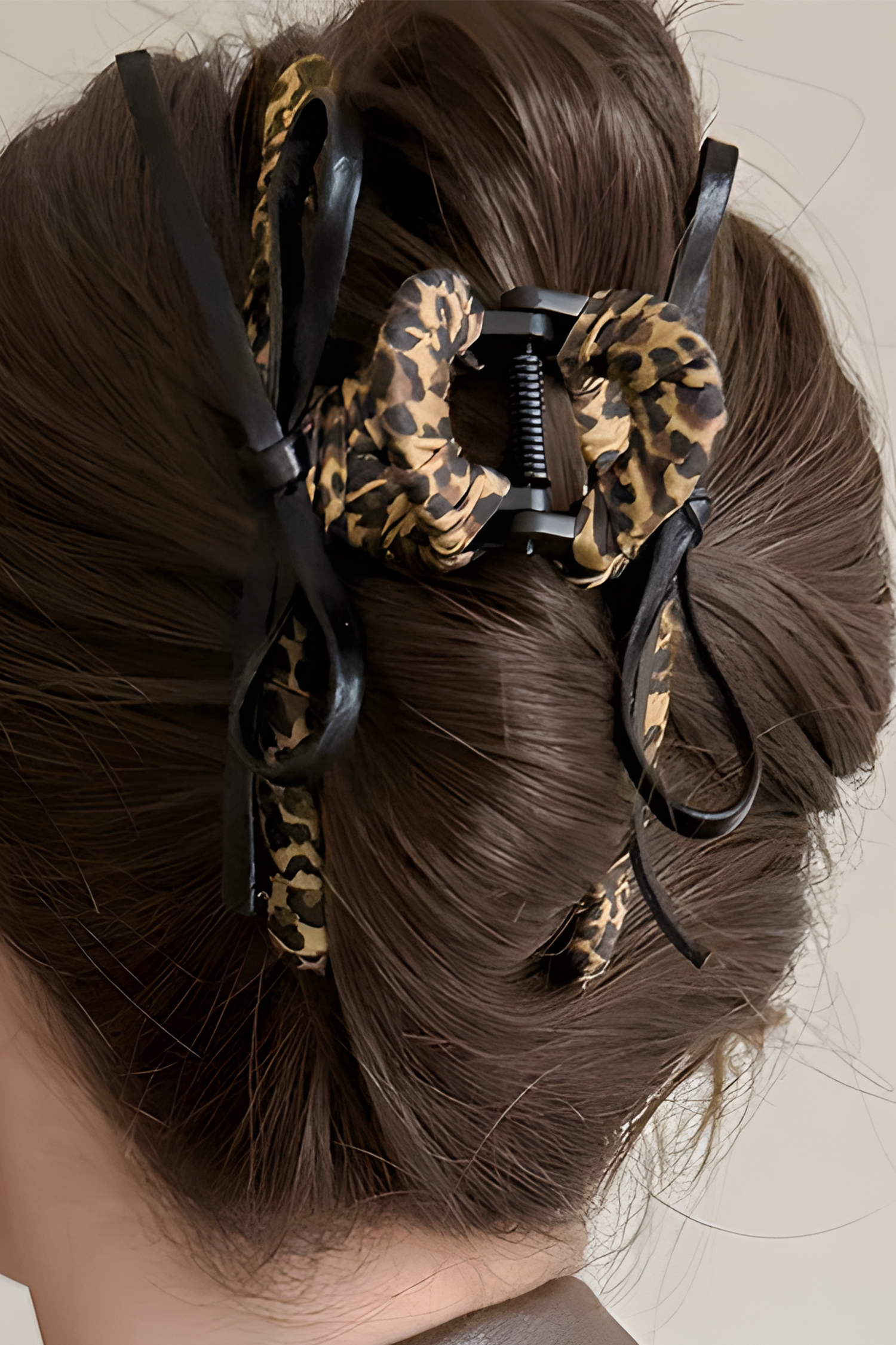 Thai Curry Leopard Cloth Wrap Over Contrast Bow Detail Hair Claw Clip - loveforevers