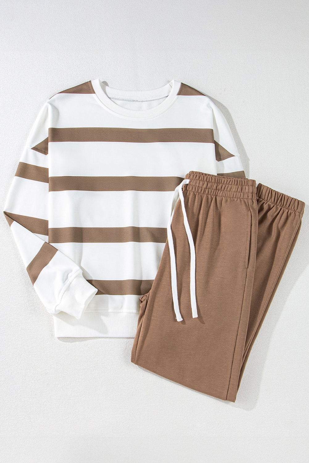 Brown Stripe Striped Drop Shoulder Pullover and Jogger Pants Set - loveforevers