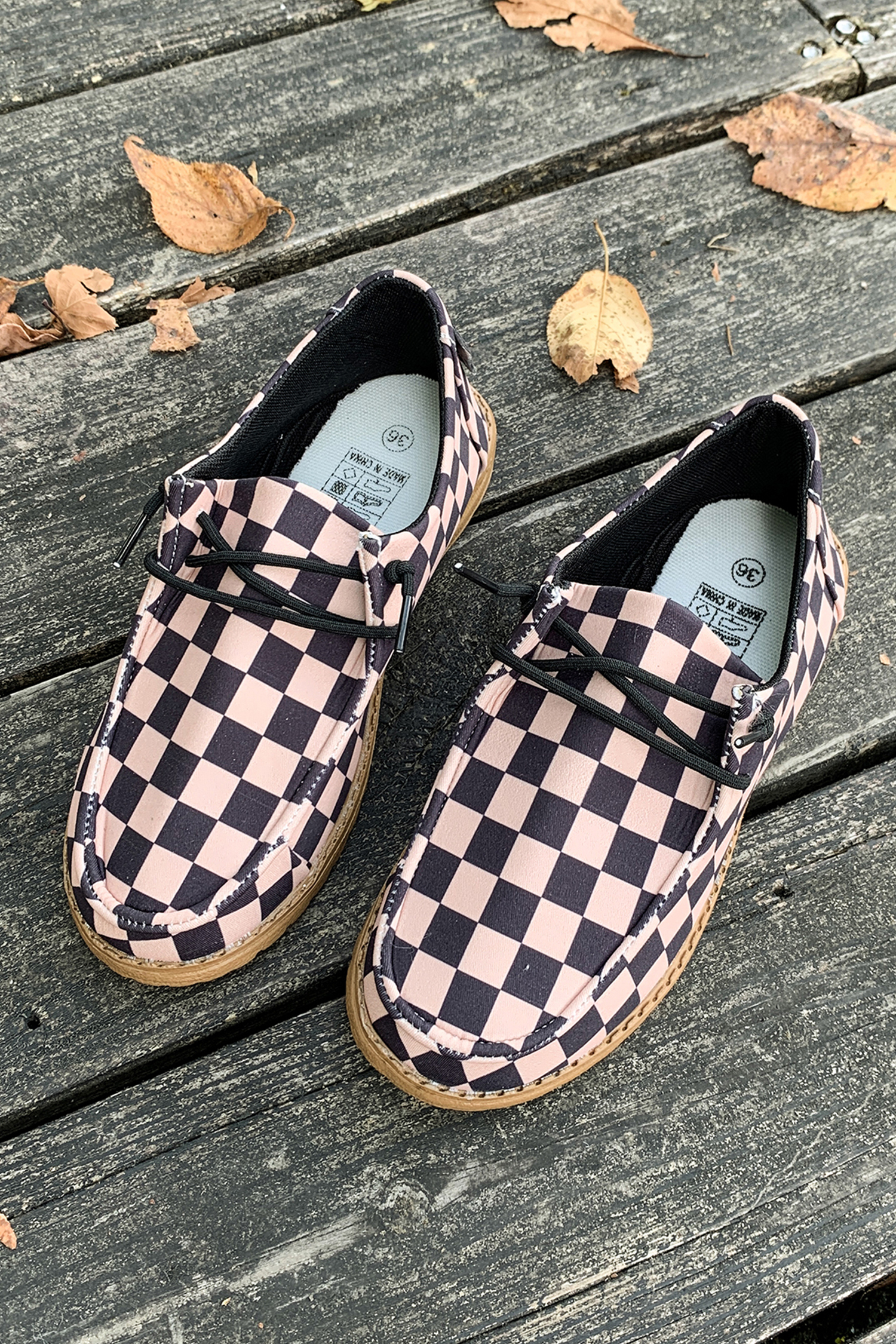 Dark Brown Checkered Print PU Leather Lace Up Detail Flat Shoes - loveforevers