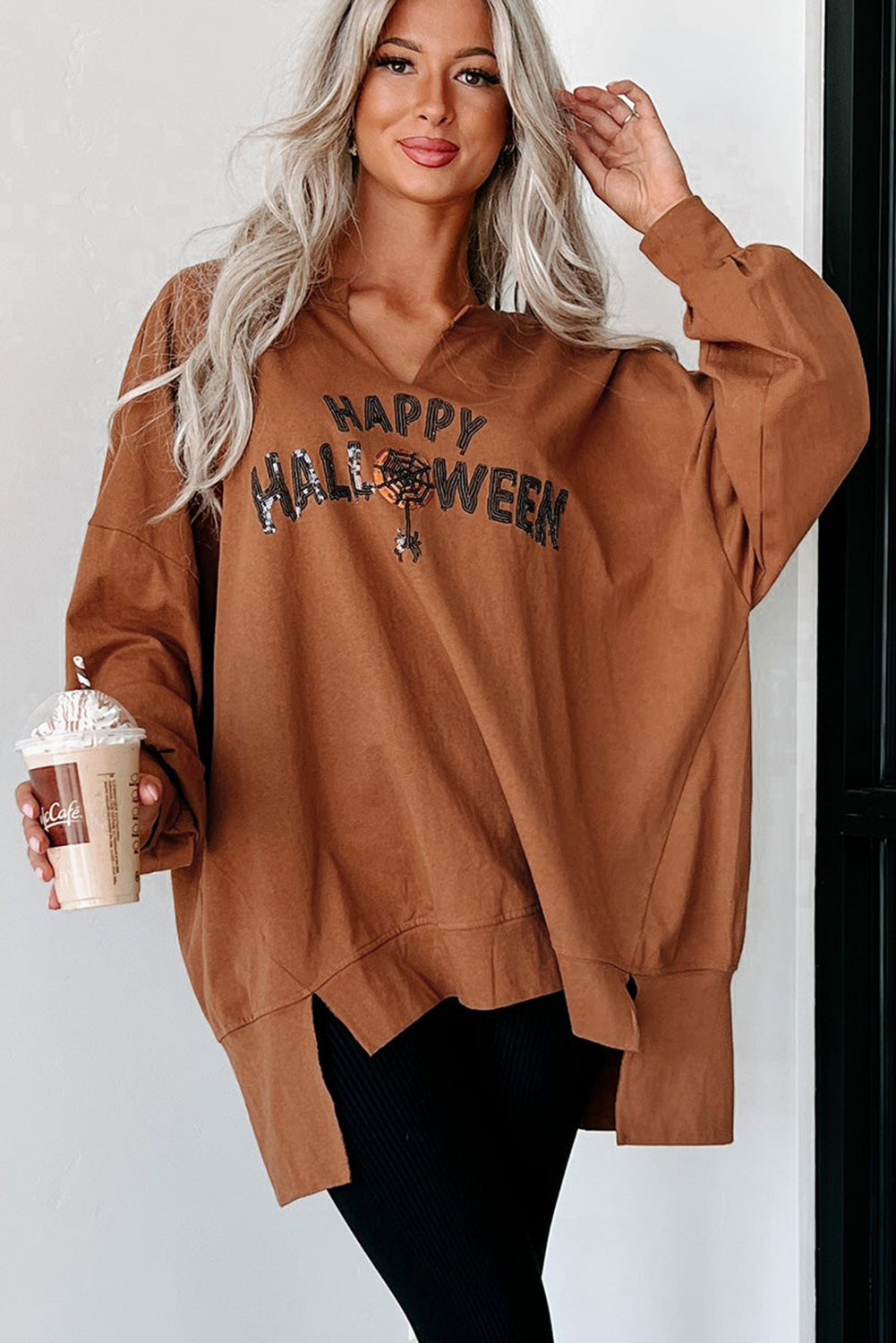 Medium Grey Sequin Happy Halloween Graphic Notched Neck Long Sleeve Loose Top - loveforevers