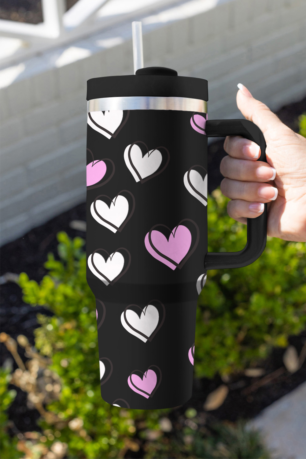 Black Valentines Heart Printed Thermos Cup with Handle 40oz - loveforevers