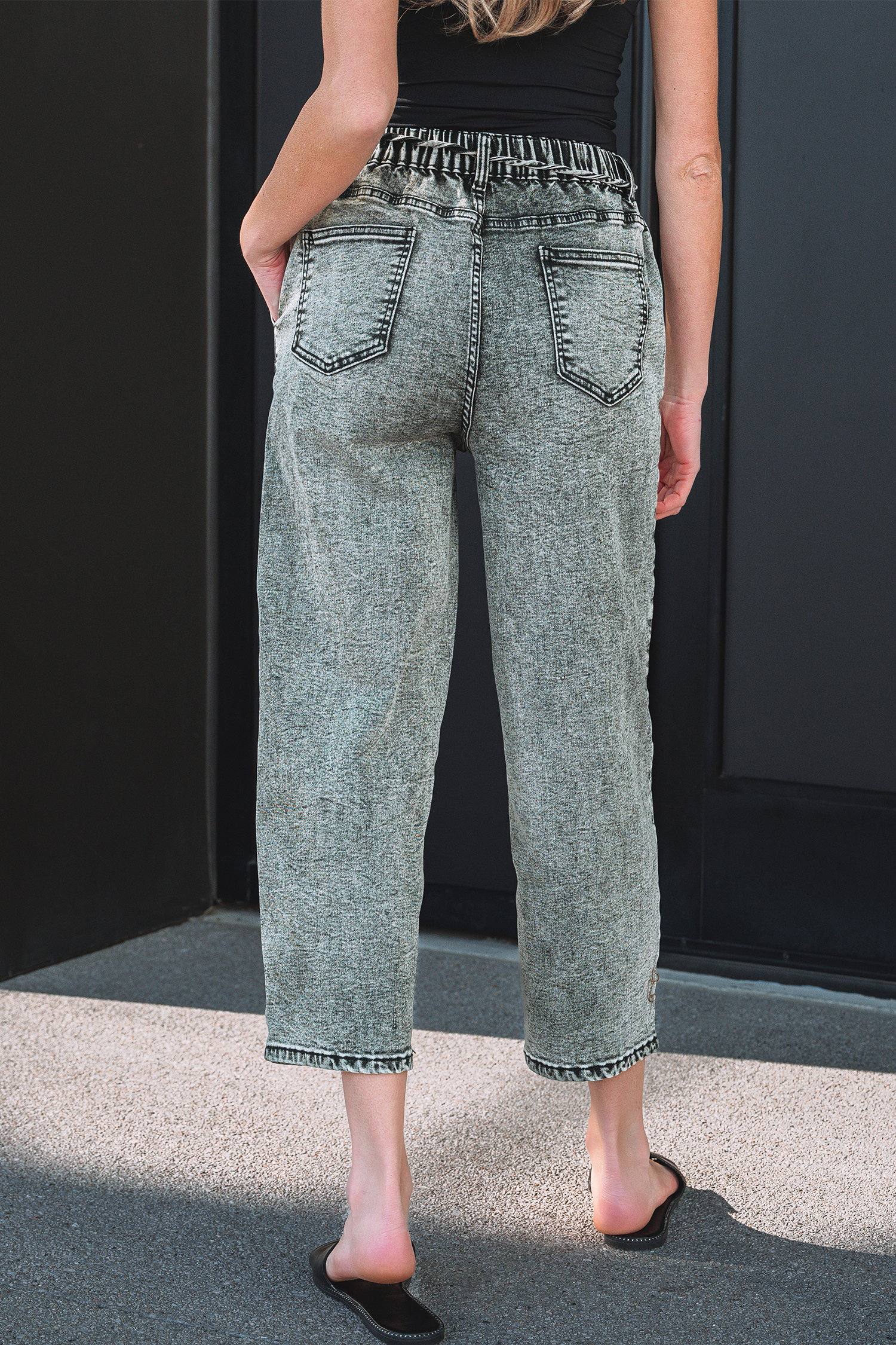 Smoke Gray Acid Wash Barrel Fit Denim Pants with Waist String - loveforevers