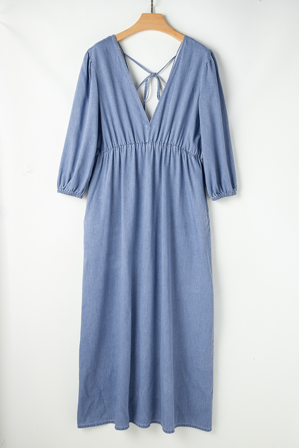 Myosotis Chambray Deep V Neck Bracelet Sleeve Maxi Dress - loveforevers