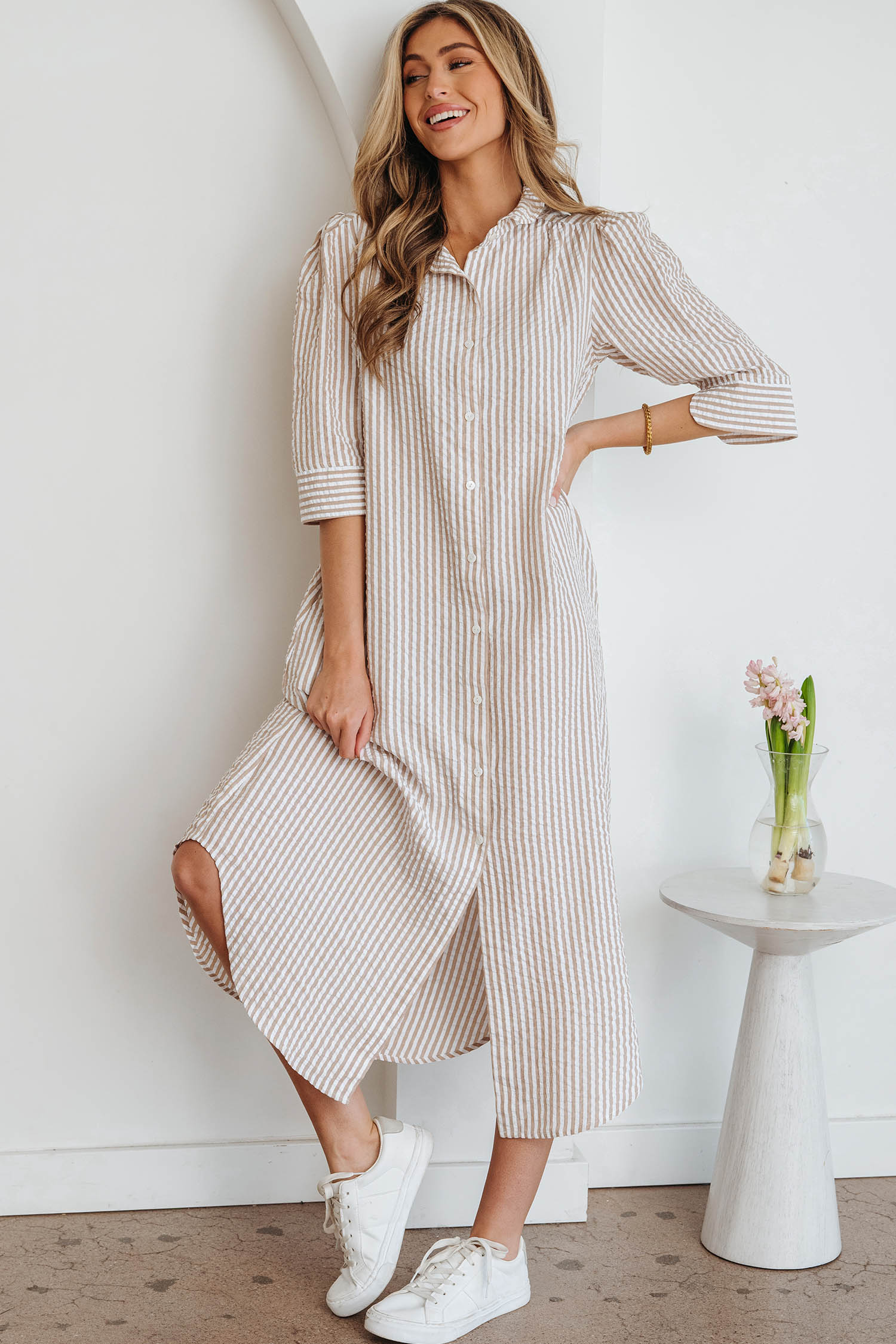 Khaki Stripe Frilled Collar Half Sleeve Shirt Maxi Dress - loveforevers