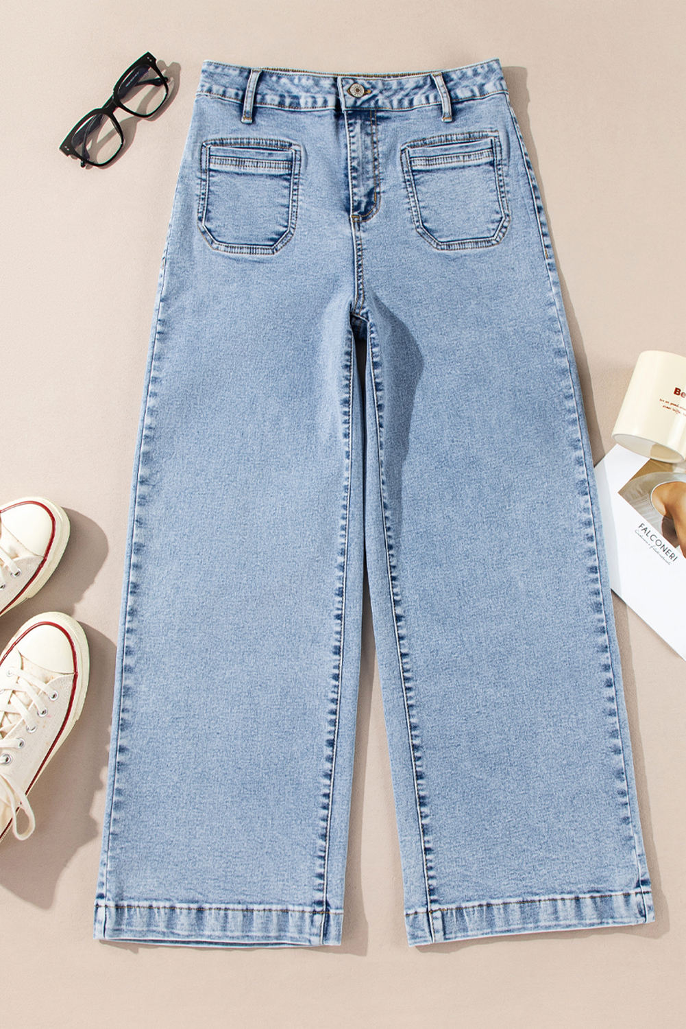 Light Blue Chic Patch Pocket Straight Leg Loose Jeans - loveforevers