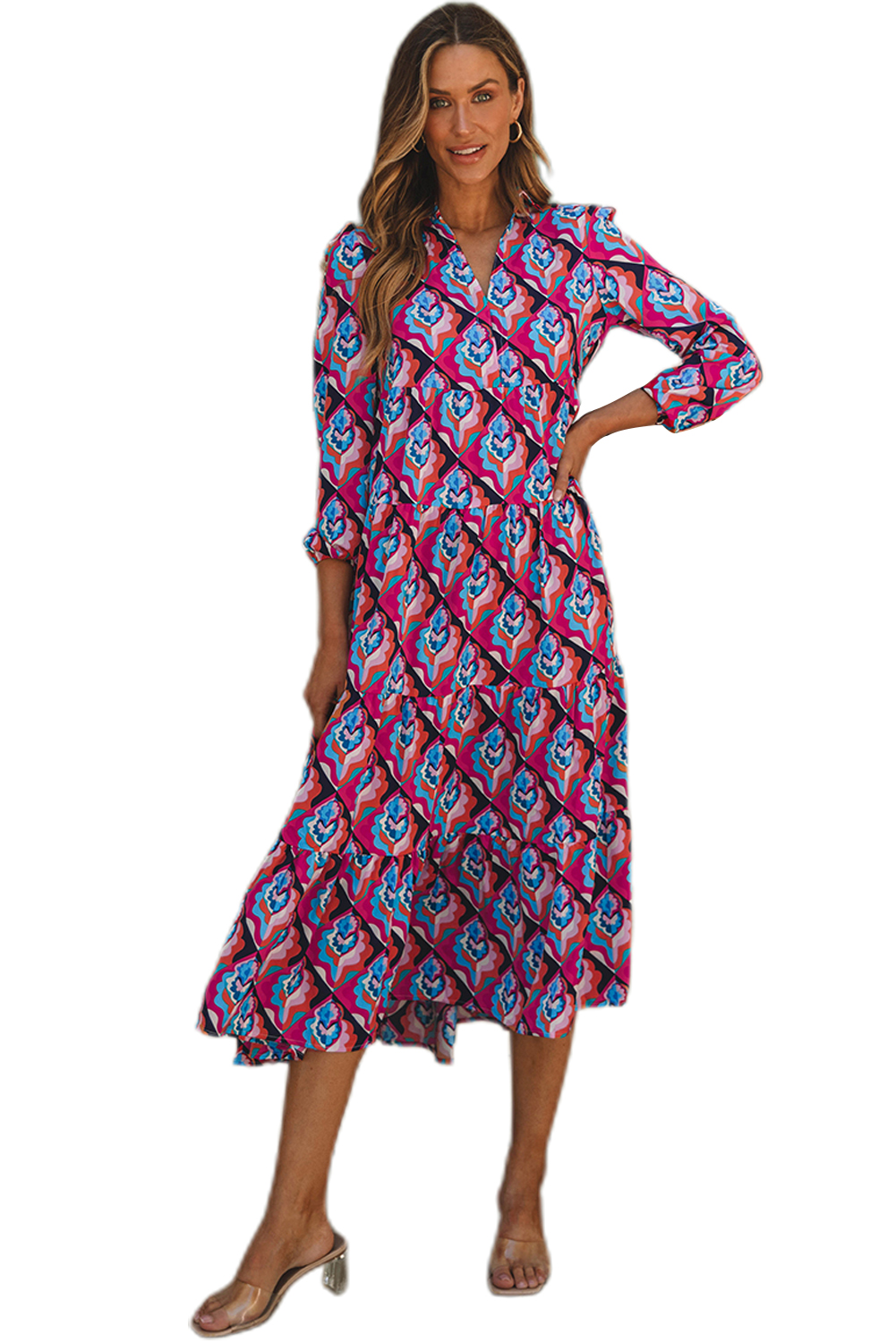 Abstract Geometric Print Long Sleeve High Waist Dress - loveforevers
