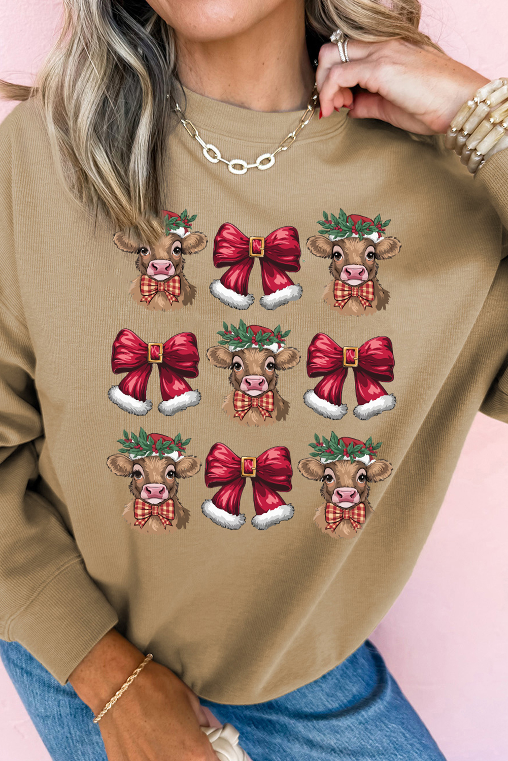 Khaki Christmas Heifer Bow Knot Print Womens Casual Sweatshirt - loveforevers