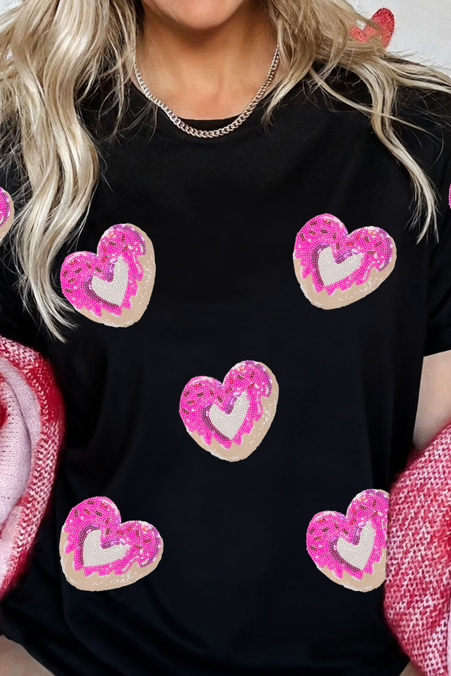 Black Sequin Donut Heart Valentines Graphic Tee - loveforevers