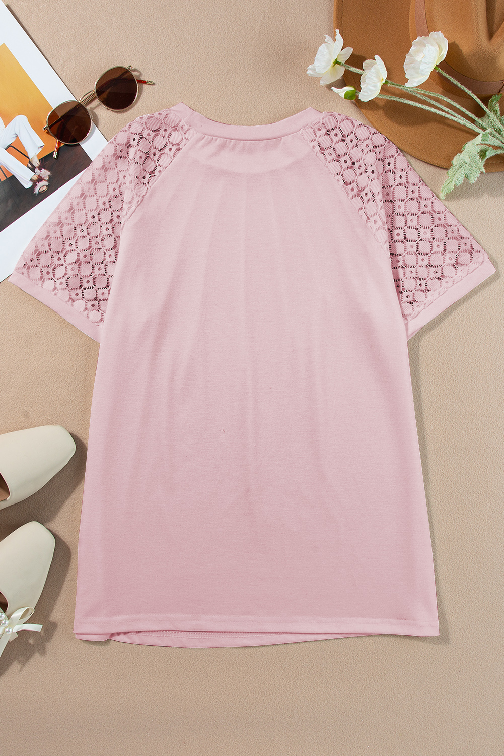 Pink Seamed Detail Contrast Lace Raglan Sleeve Tee - loveforevers