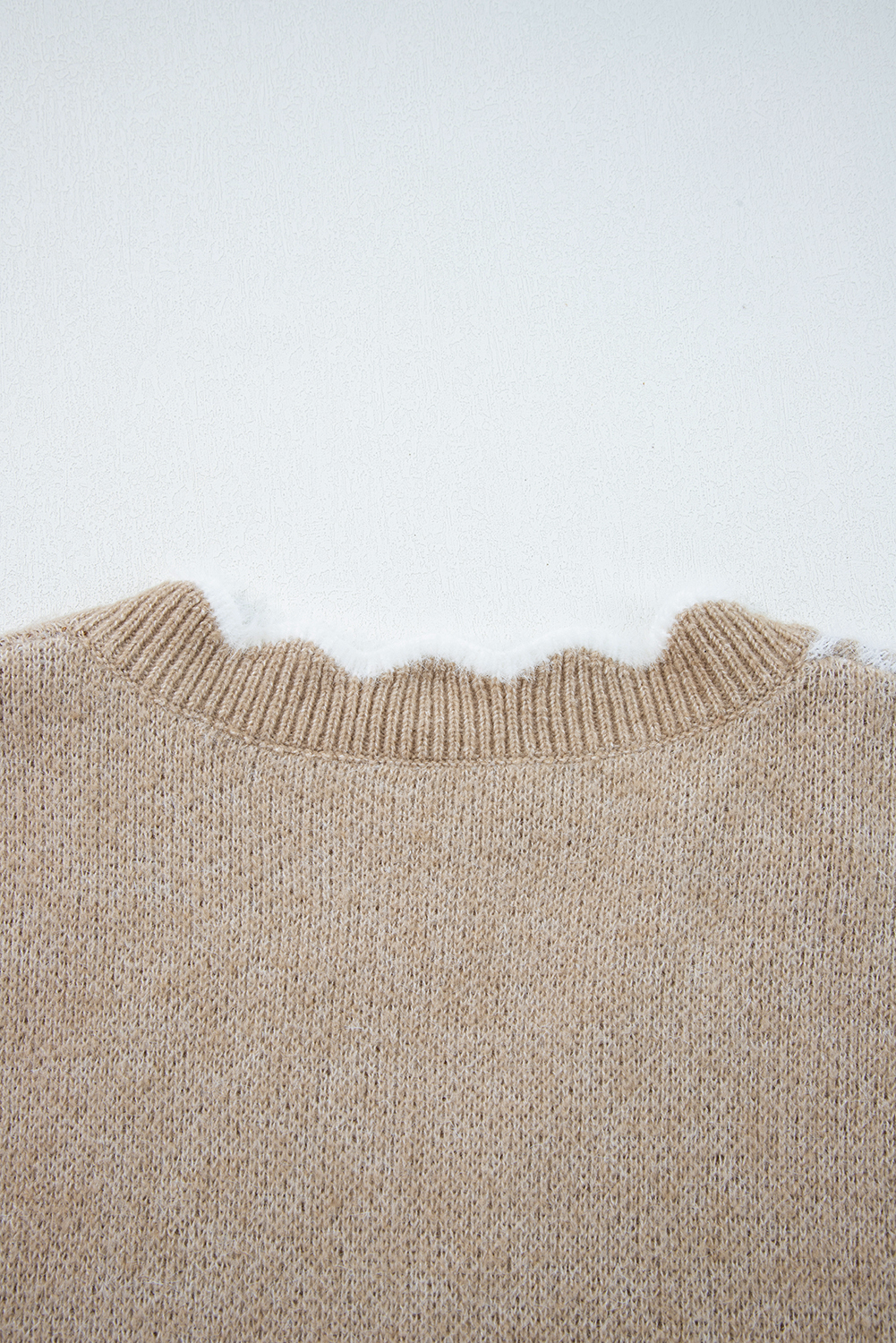 Smoke Gray Plush Flower Pattern Scalloped Trim V Neck Sweater - loveforevers