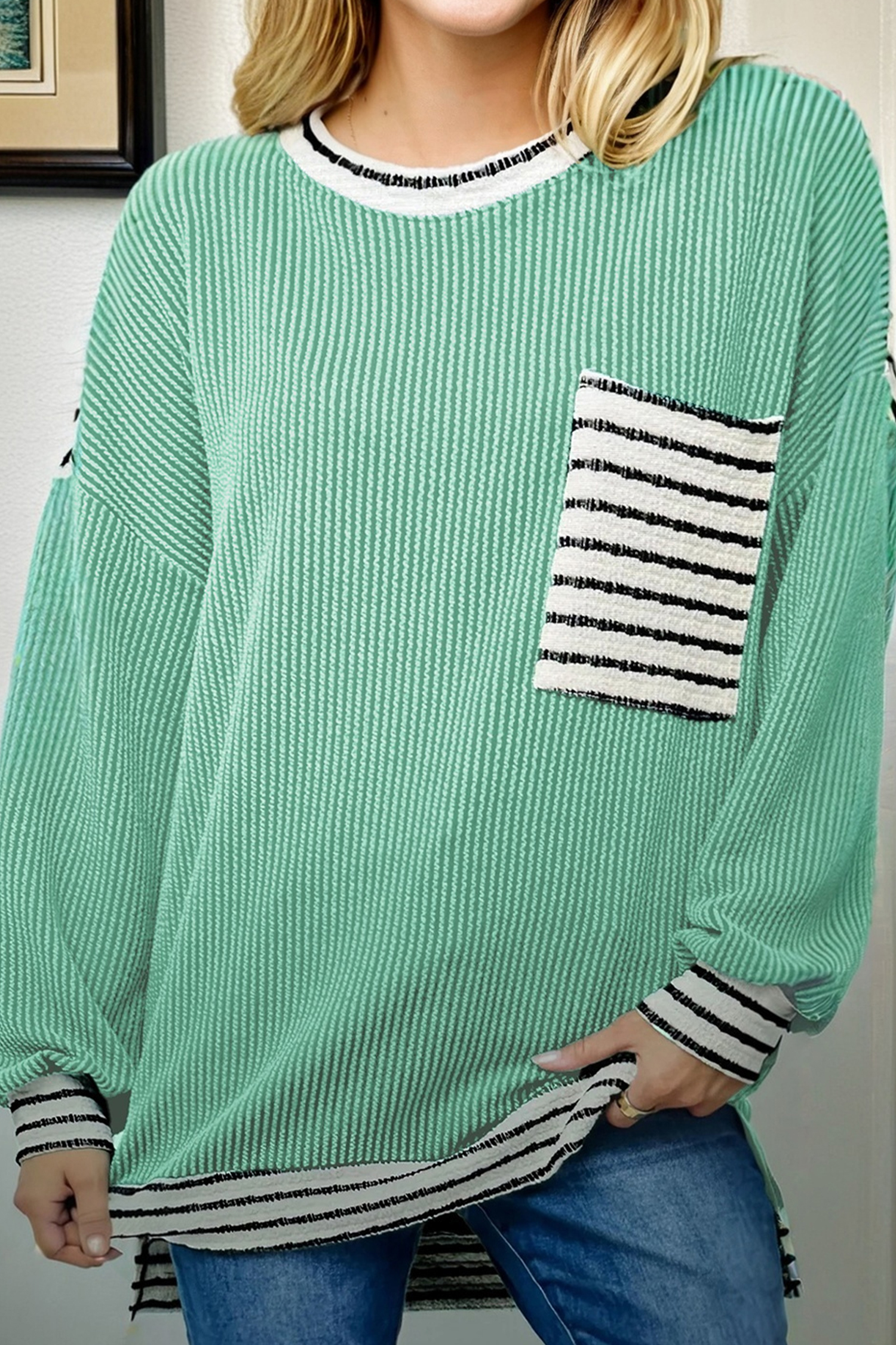 Sea Green Twisted Ribbed Contrast Round Neck Striped Patchwork Long Sleeve Top - loveforevers