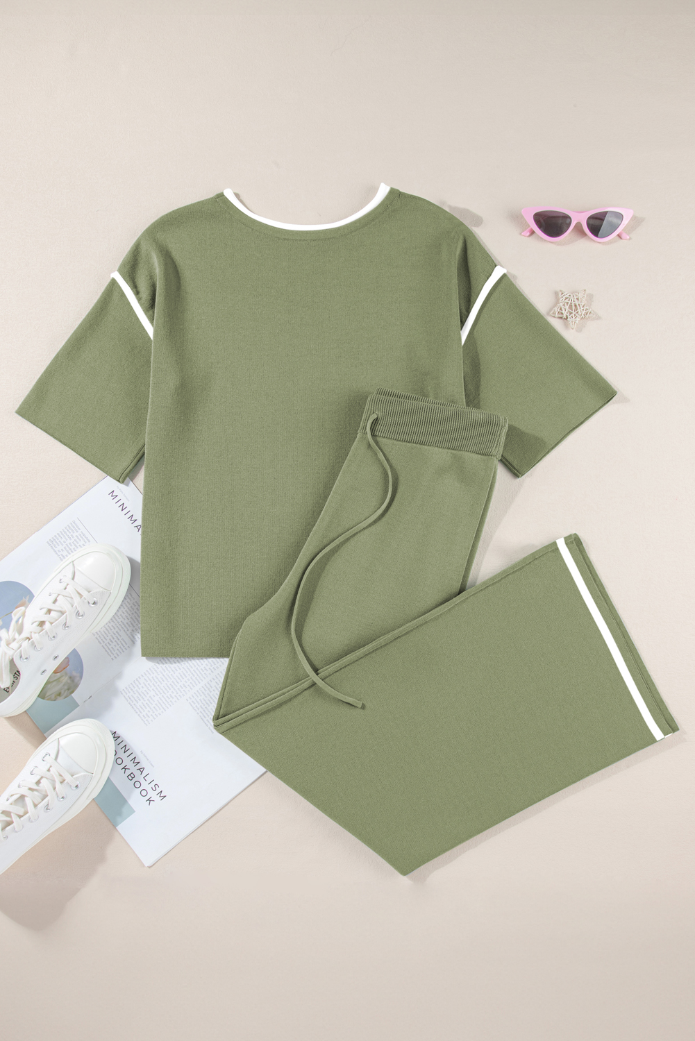 Blackish Green Contrast Trim Half Sleeve Top Drawstring Pants Loose 2pcs Sweater Suit - loveforevers