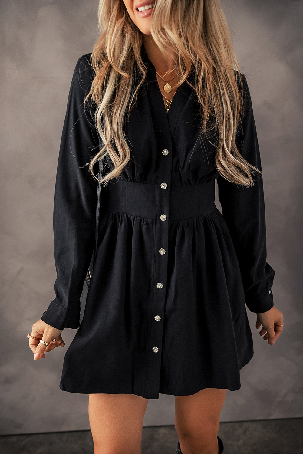 Black Elastic Cinched High Waist Long Sleeve Shirt Mini Dress - loveforevers
