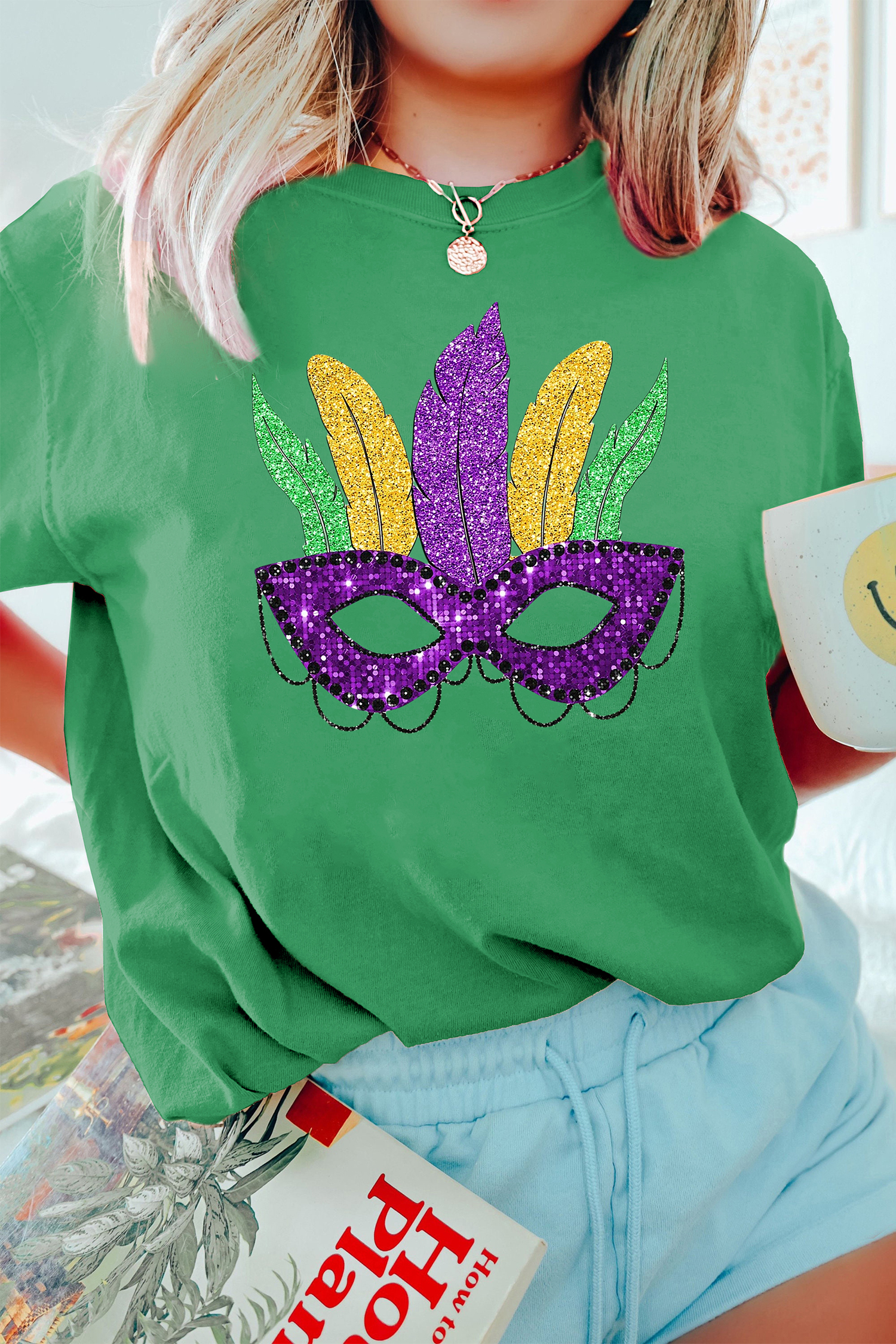Bright Green Glitter Mardi Gras Mask Graphic T Shirt - loveforevers