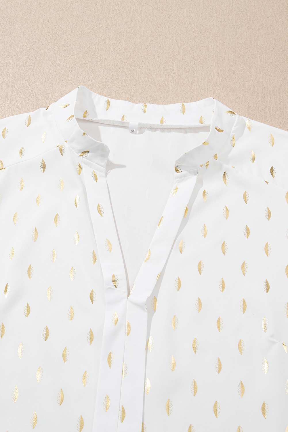 Beige Foil Crescent Print Notched Neck Flounce Sleeve Blouse - loveforevers